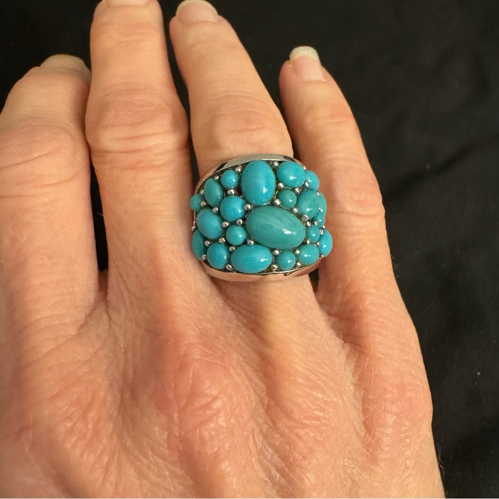 Turquoise Cluster Ring Sterling Silver 925 Bold Domed Statement Size 5.75 - Picture 8 of 9